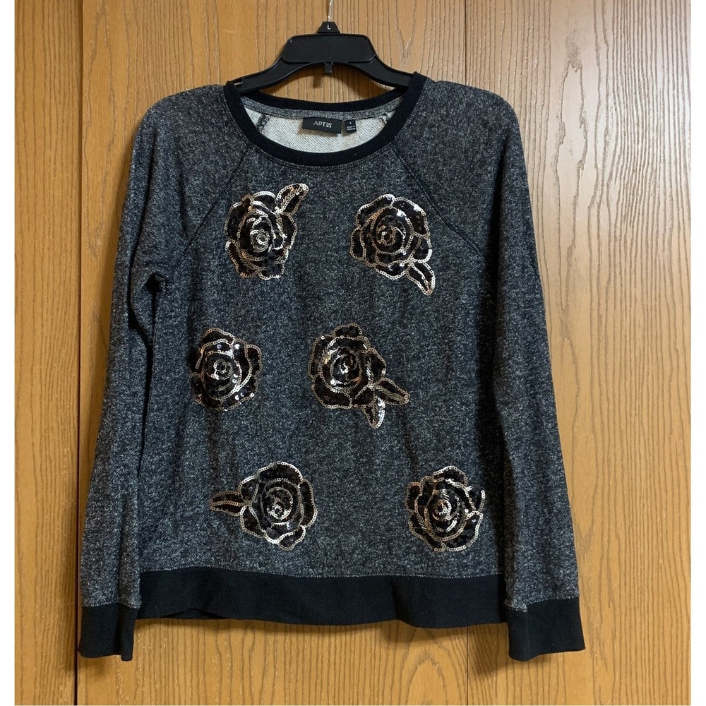 Apt. 9 Womens Grey Sequin Rose Long Sleeve Raglan Top Sweater Size S
